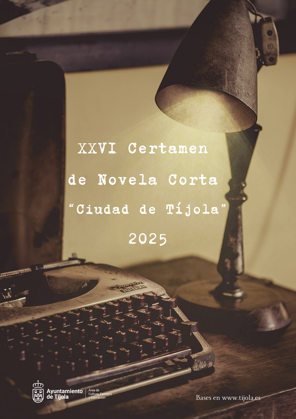 Imagen del Cartel del Certamen de Novela Corta 2025. Fondo con Imagen de lampara iluminando el texto del cartel.