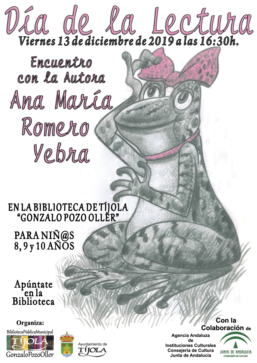 Imagen del Cartel Día de la Lectura. Dibujo de una Ranita con lazo rosa en la cabeza.