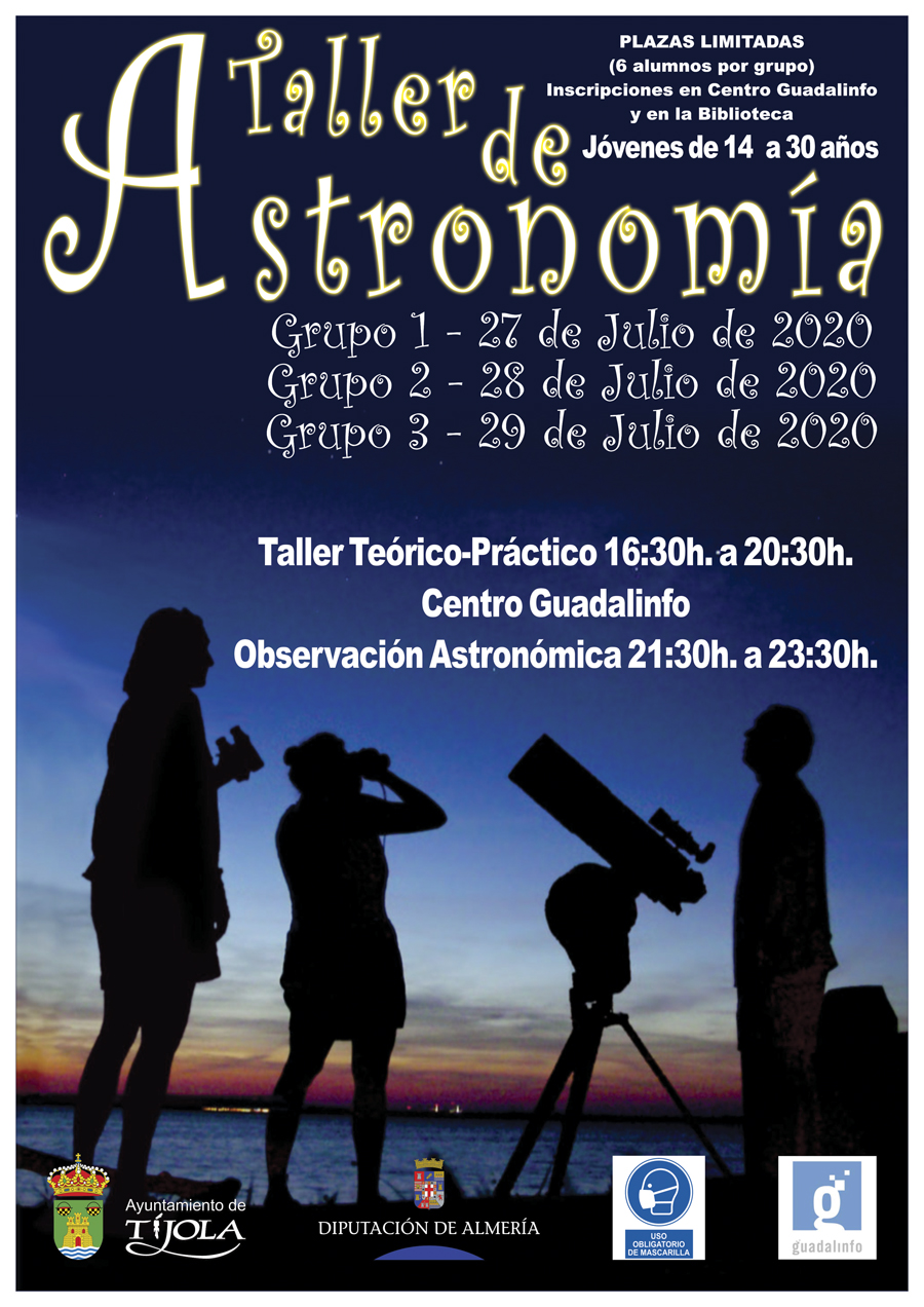 Imagen del Cartel del Taller de Astronomía. Imagen de la silueta de personas observando el cielo al fondo.