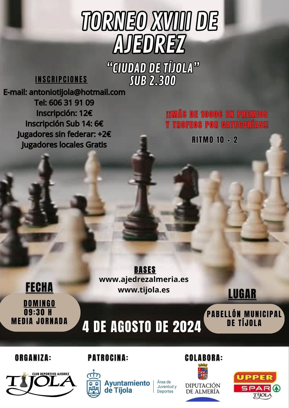 Cartel del XVIII Torneo de Ajedrez Ciudad de Tíjola. Imagen de partida con rey negro al centro e información al fondo.