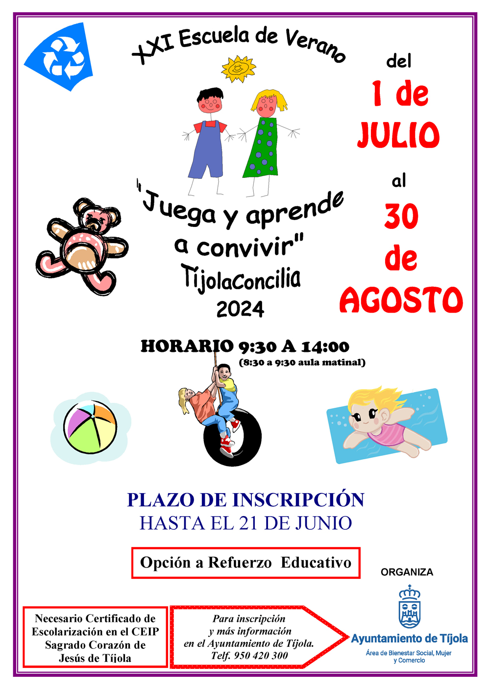 Imagen del Cartel de la Escuela de Verano 2024. Imágenes de dibujos infantiles de fondo.