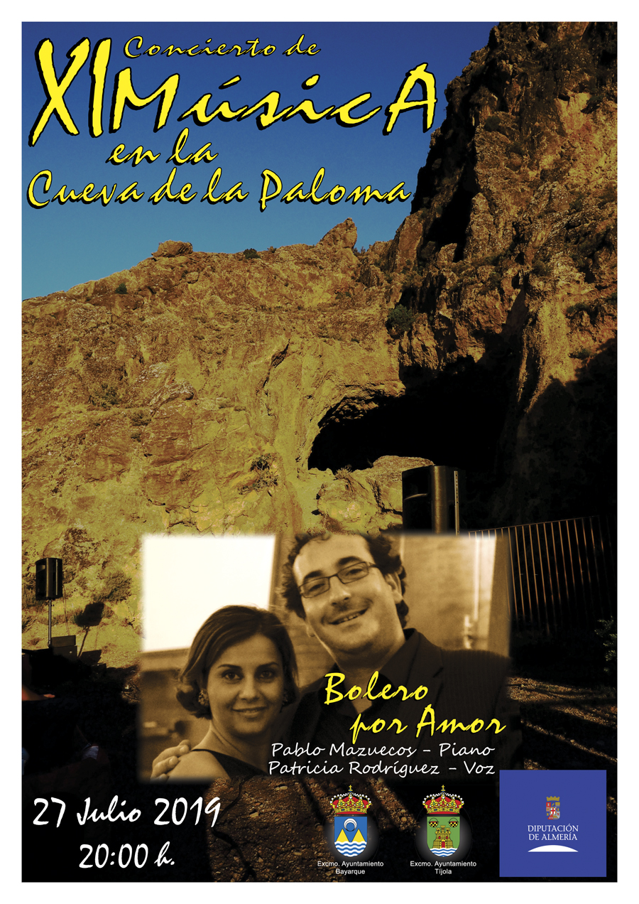 Imagen del Cartel del XI Concierto de Música en la Cueva de la Paloma. Imagen de la Cueva al Fondo.